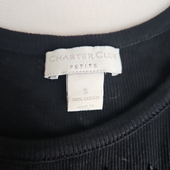 Charter‎ Club Women's Beaded Tank Top Petite S 100% Cotton Black Stretch Ribbed - Picture 4 of 7